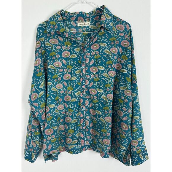 Natural Life Size M Boho 70s Block Print Button Down Shirt Blue Floral Vines - Picture 3 of 9